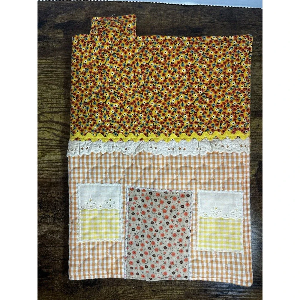 Handmade Quilted Cookbook Cover Floral Gingham Lace Bookmark Kitchen Gift Decor